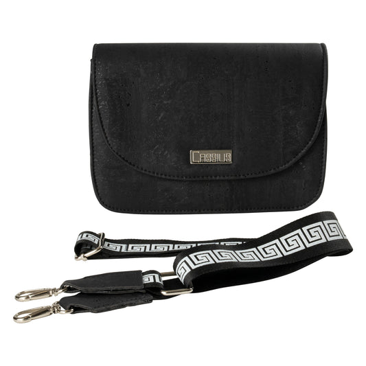 Black cork cross body handbag image with black and white removable strap showcasing traditional Greek key.