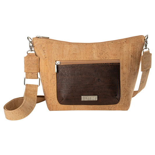 Natural cork shoulder strap handbag with a zipper front pouch in dark brown cork.