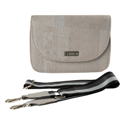 Light grey cork cross body handbag with removable strap showcasing black, dark grey and light grey stripes.