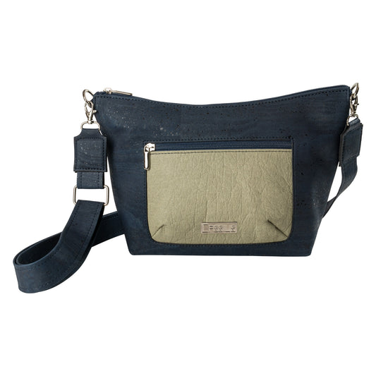 Navy cork shoulder strap handbag with a pineapple leather front zip pocket in sage green.