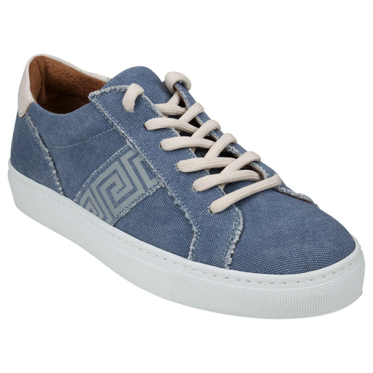 Close up 3/4 image denim sneaker with Greek Key detail