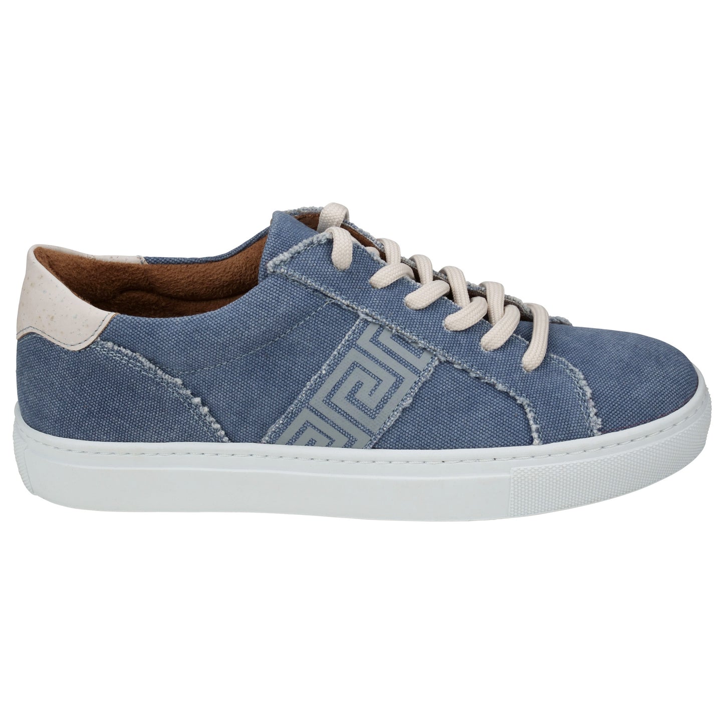 Close up side view denim sneaker with Greek key detail